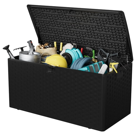 99 Gallon Lockable Outdoor Storage Deck Box - Waterproof Resin Patio Bench with Gas Struts - UV-Resistant, Rattan Texture, Ample Storage for Cushions, Pool Toys, Garden Tools - Black