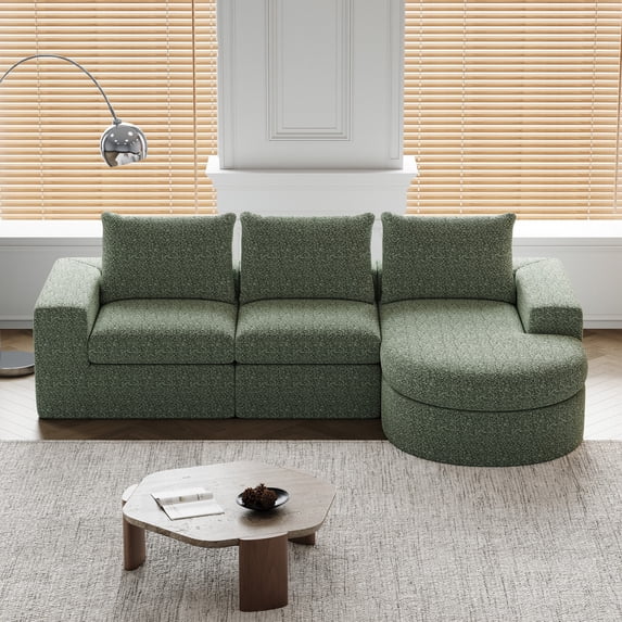 99-Inch Chenille Cloud Curved Sectional Sofa with Chaise, L-Shaped Modern Boneless Couch with Deep Seats, Chenille Sectional Sofa for Living Room and Bedroom, No Assembly Required (Green)