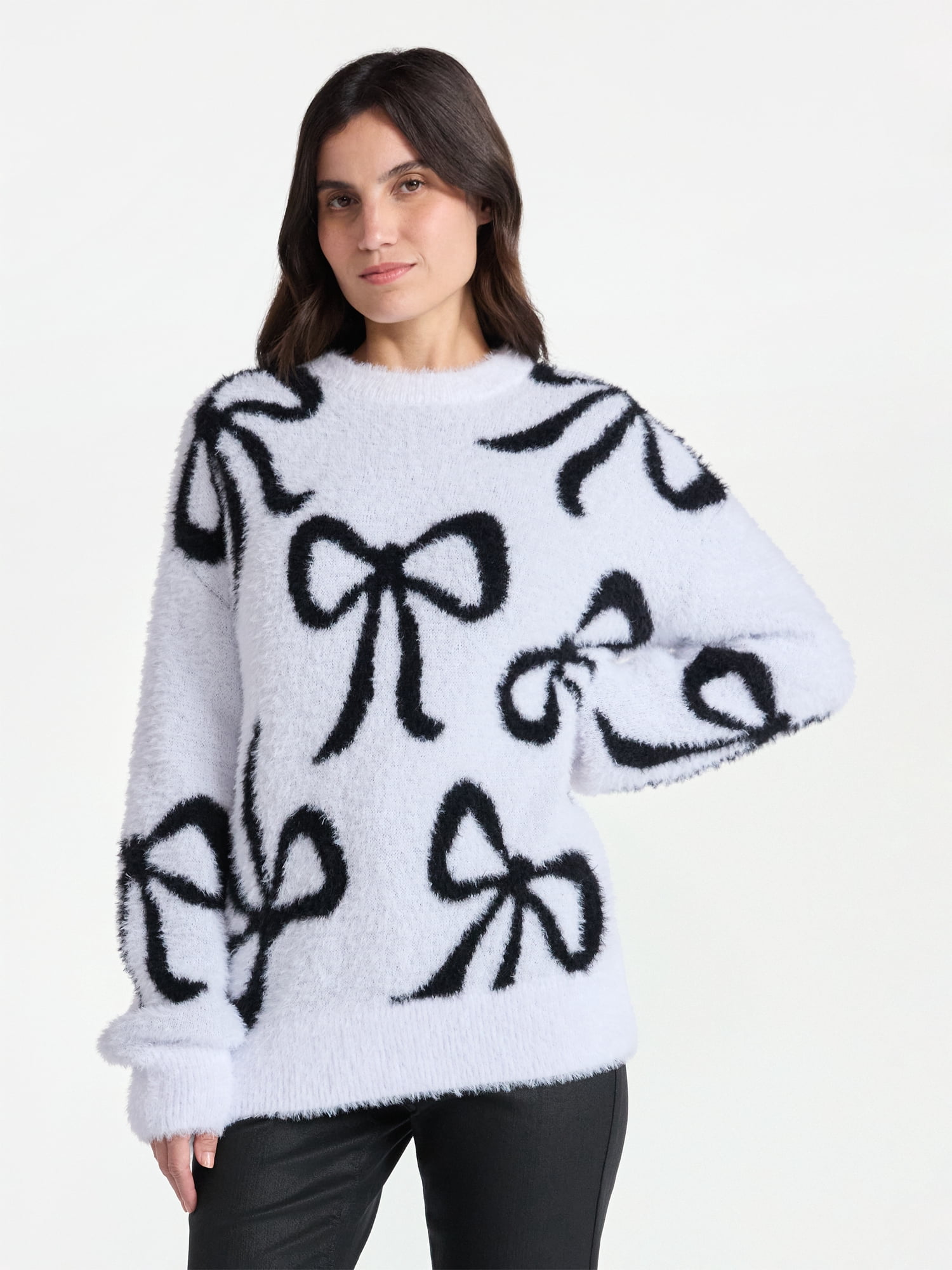 99 Jane Street Women's and Women's Plus Bow Print Pullover Sweater, Midweight, Sizes XS-4X