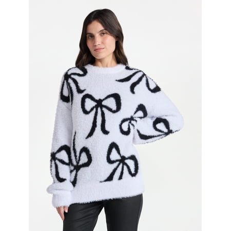 99 Jane Street Women's and Women's Plus Bow Print Pullover Sweater, Midweight, Sizes XS-4X