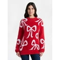 thumbnail image 1 of 99 Jane Street Women's and Women's Plus Bow Print Pullover Sweater, Midweight, Sizes XS-4X, 1 of 5