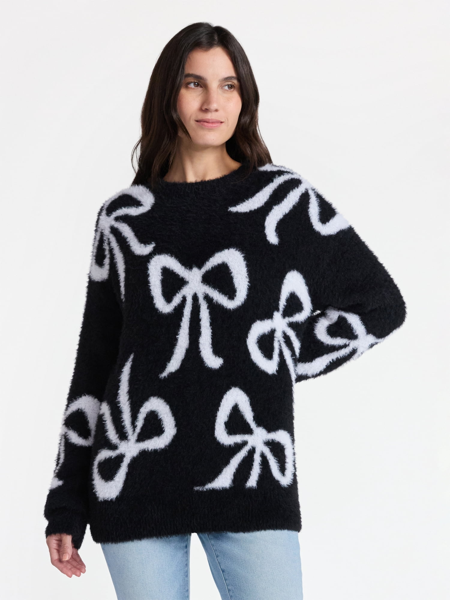 99 Jane Street Women's and Women's Plus Bow Print Pullover Sweater, Midweight, Sizes XS-4X