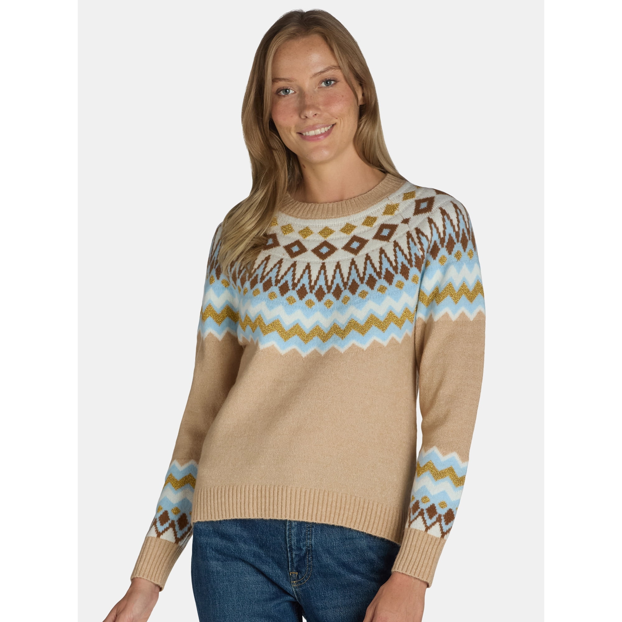 99 Jane Street Women's Fair Isle Crewneck Sweater with Long Sleeves