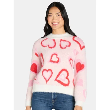 99 Jane Street Women's Heart Print Pullover Sweater, Midweight, Sizes XS-XL