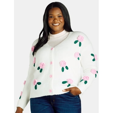99 Jane Street Women's Plus Bubble Floral Cardigan Sweater, Midweight, Sizes 1X-4X