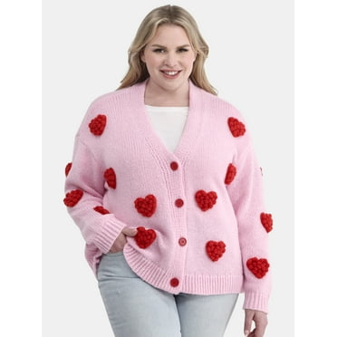 99 Jane Street Women's Plus Bubble Heart Button Front Cardigan, Sizes 1X-4X