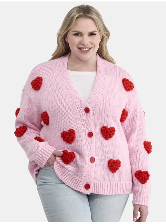 99 Jane Street Women's Plus Bubble Heart Button Front Cardigan, Sizes 1X-4X