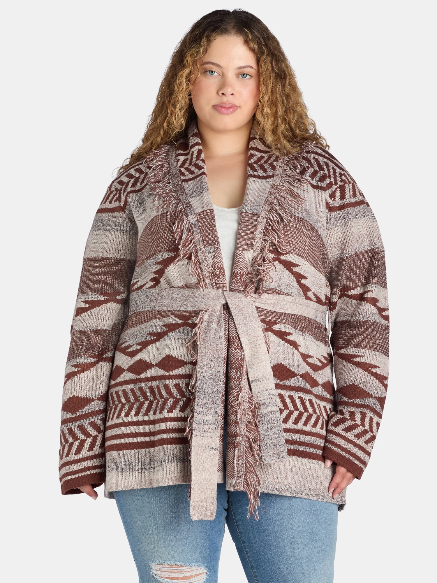 99 Jane Street Women s and Women s Plus Size Shawl Collar Cardigan Sweater with Fringe Midweight Sizes Xs 4x Size 1XL Brown