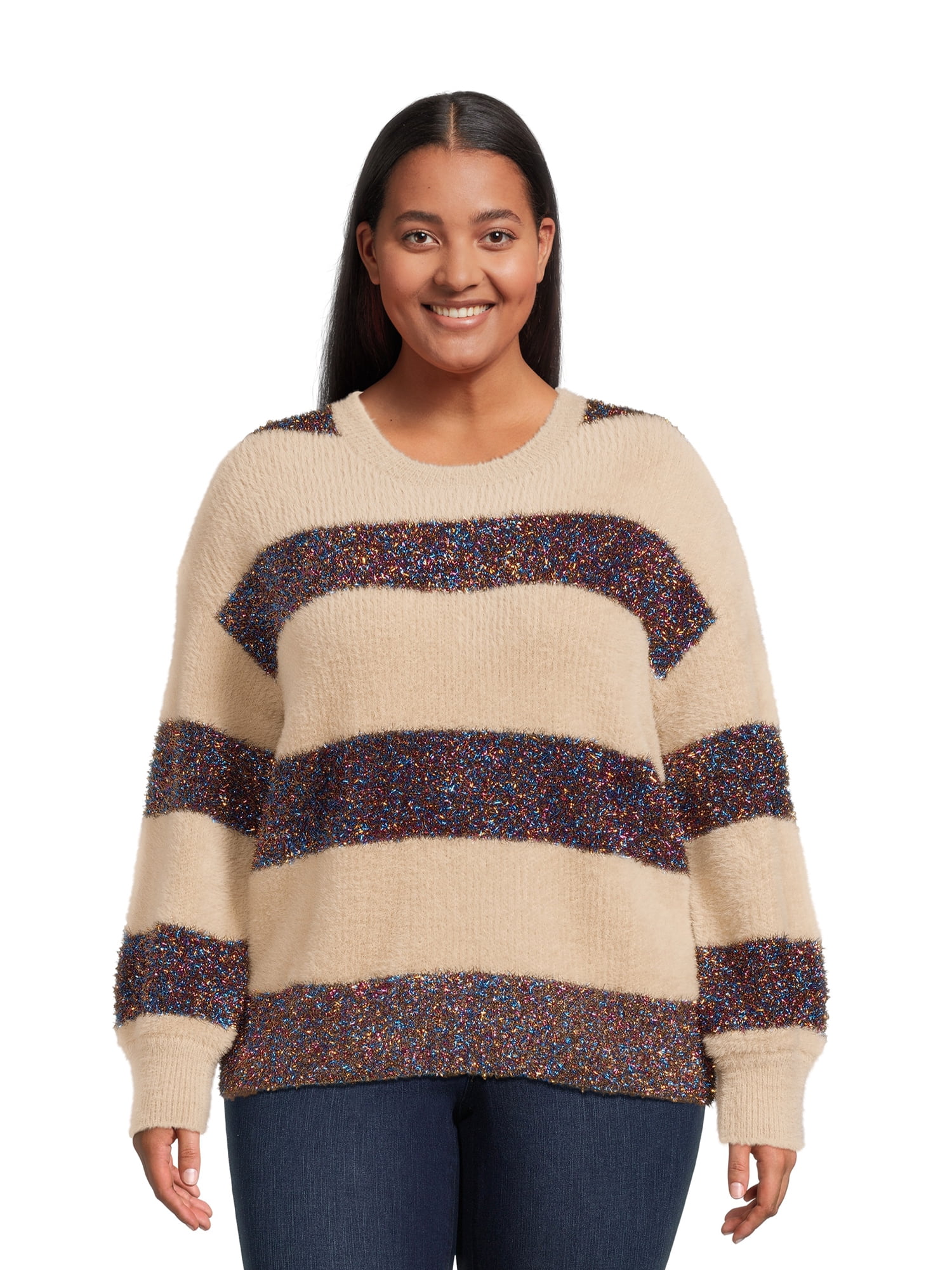99 Jane Street Women's Plus Metallic Stripe Pullover Sweater with Long ...