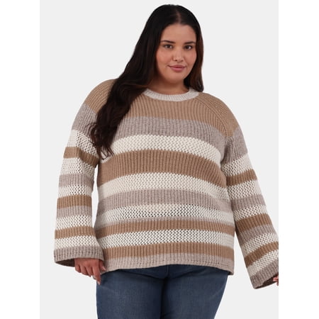 99 Jane Street Women's Plus Textured Striped Raglan Sweater, Midweight, Sizes 1X-4X