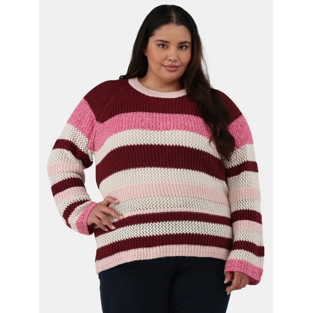 99 Jane Street Women's Plus Textured Striped Raglan Sweater, Midweight, Sizes 1X-4X