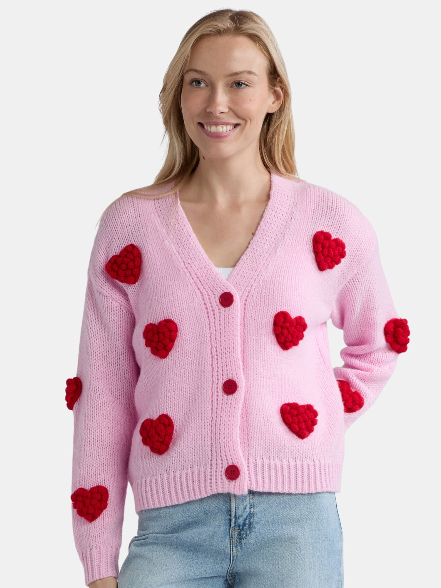 99 Jane Street Women's Pom Pom Hearts Cardigan Sweater, Midweight