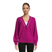 99 Jane Street Women's V-Neck Embellished Button Front Cardigan with Long Sleeves, Sizes S-3XL