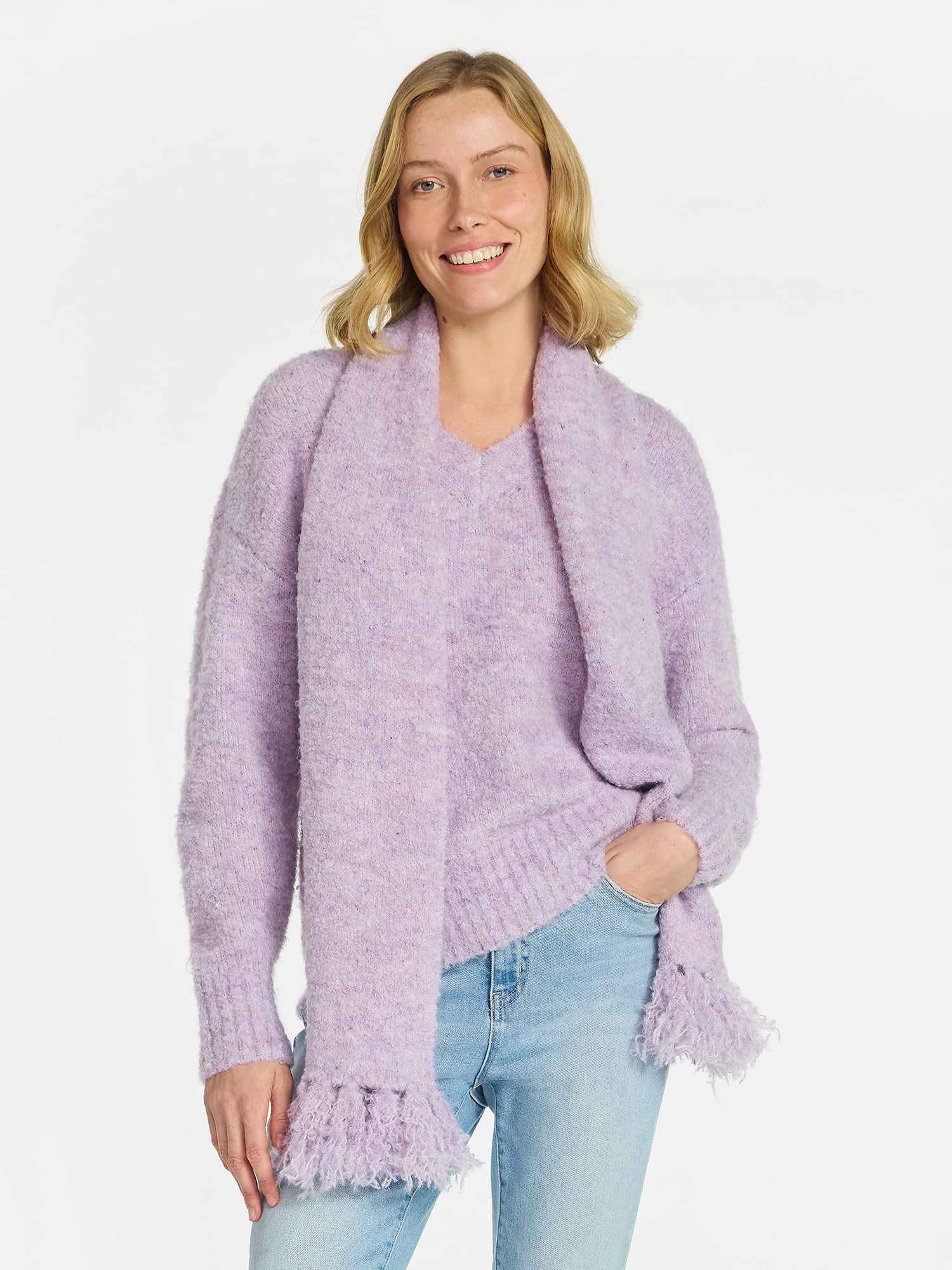 99 Jane Street Women's and Women's Plus Boucle Sweater and Scarf Set, Midweight, 2-Piece, Sizes XS-4X