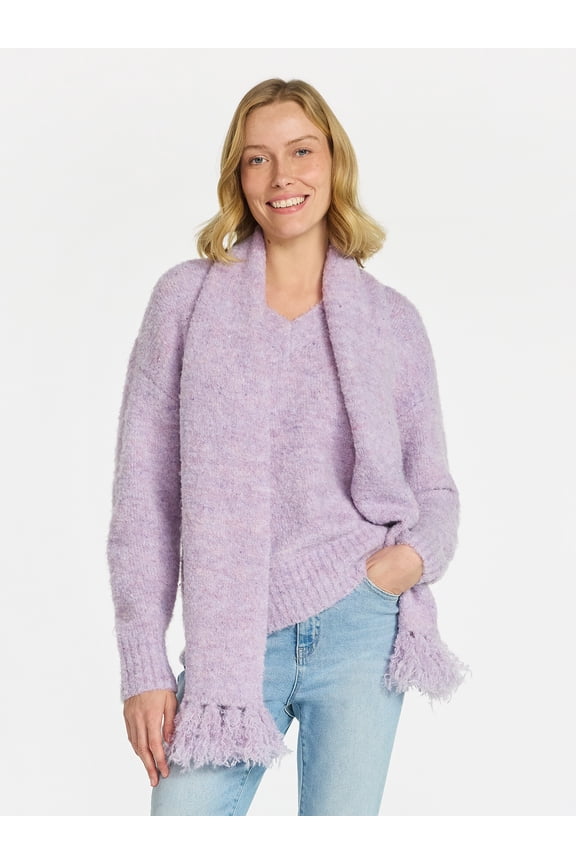 Women's and Women's Plus Boucle Sweater and Scarf Set, Midweight, 2-Piece, Sizes XS-4X