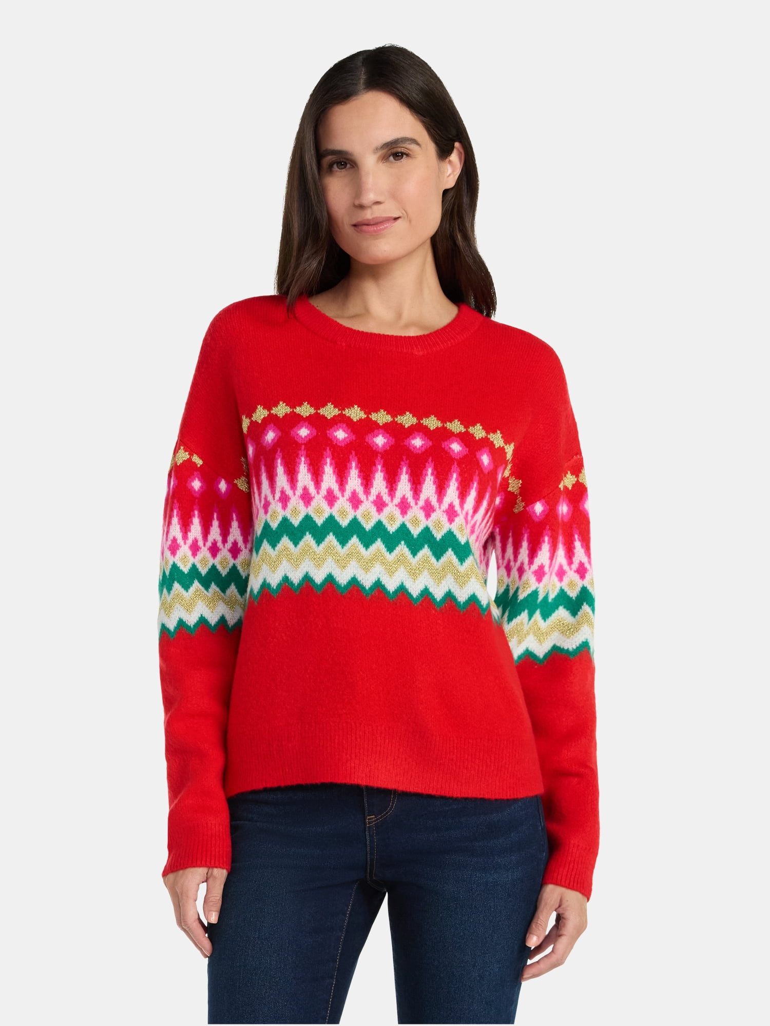 99 Jane Street Women's and Women's Plus Fair Isle Pullover Sweater, Midweight, Sizes XS-4X