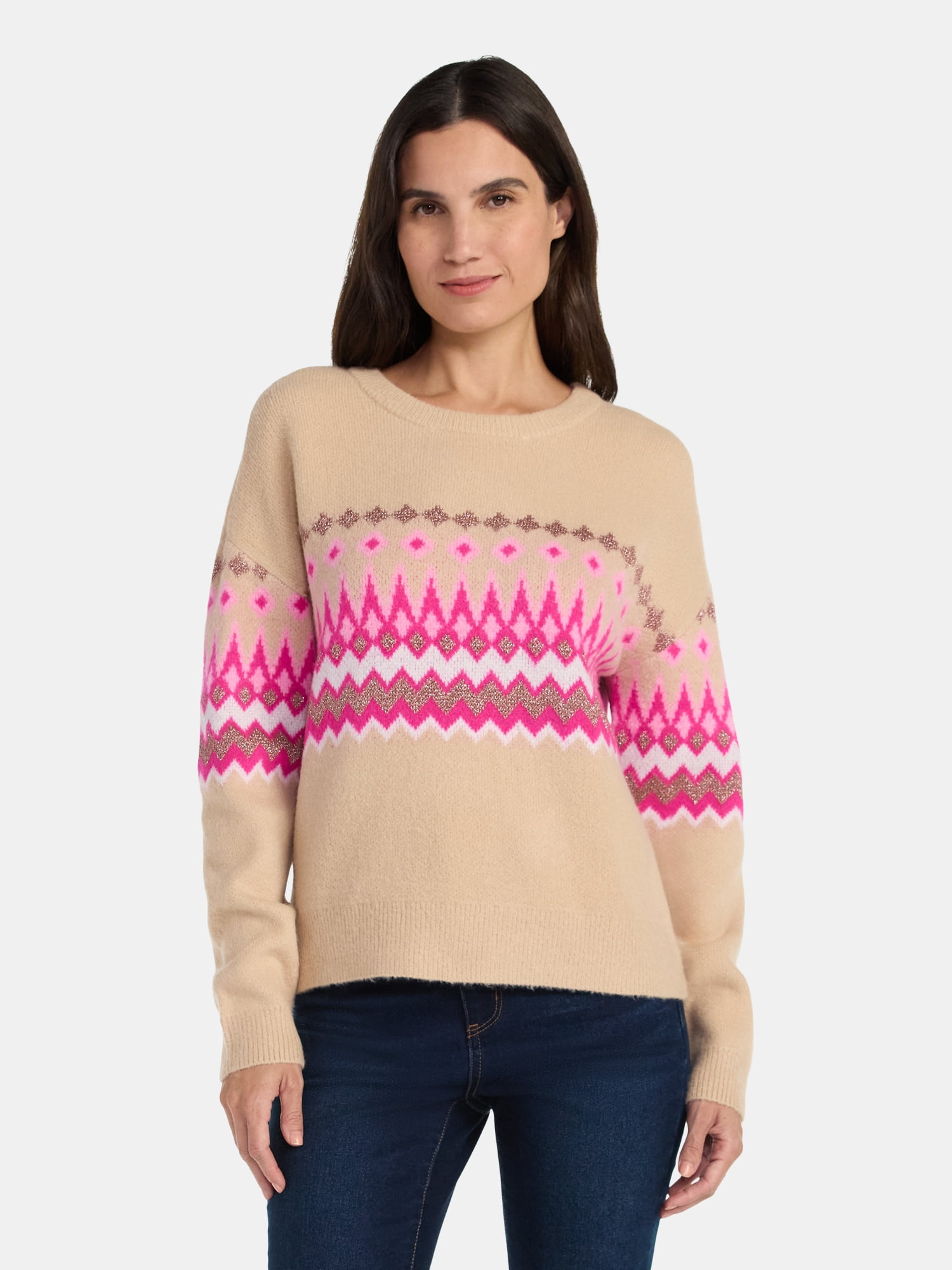 99 Jane Street Women's and Women's Plus Fair Isle Pullover Sweater, Midweight, Sizes XS-4X