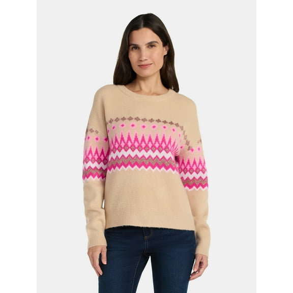 99 Jane Street Women's and Women's Plus Fair Isle Pullover Sweater, Midweight, Sizes XS-4X