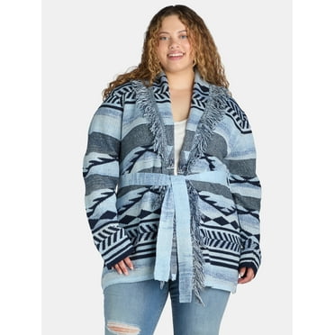 99 Jane Street Women's and Women's Plus Size Shawl Collar Cardigan Sweater with Fringe, Midweight, Sizes XS-4X