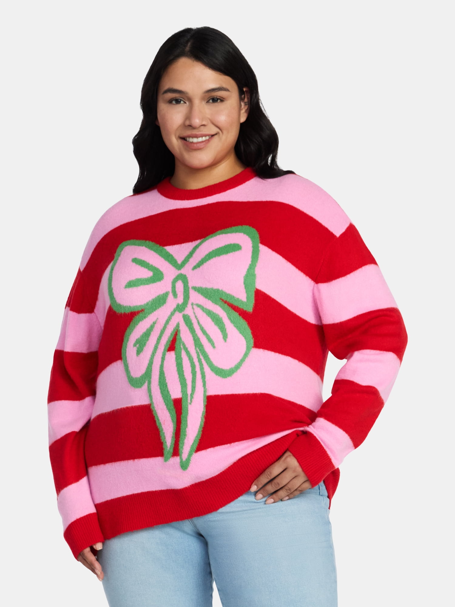 99 Jane Street Women’s and Women's Plus Striped Sweater with Bow Design, Sizes XS-4X