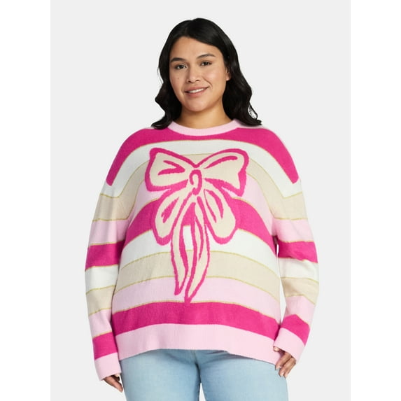 99 Jane Street Women's and Women's Plus Striped Sweater with Heart Design, Midweight, Sizes XS-4X