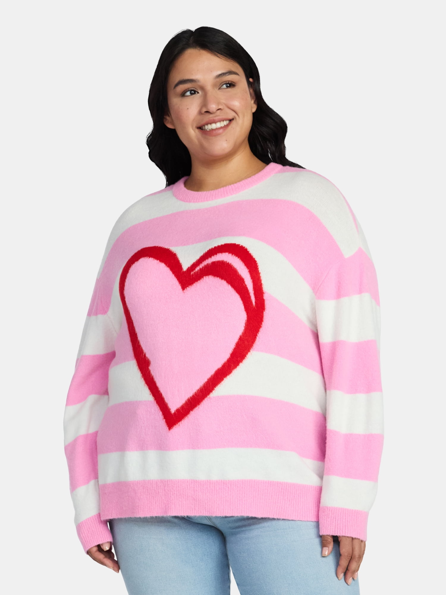 99 Jane Street Women's and Women's Plus Striped Sweater with Heart Design, Midweight, Sizes XS-4X