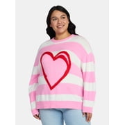 99 Jane Street Women's and Women's Plus Striped Sweater with Heart Design, Midweight, Sizes XS-4X