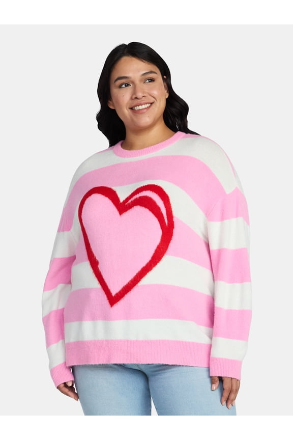 Women's and Women's Plus Striped Sweater with Heart Design, Midweight, Sizes XS-4X