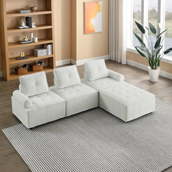 99'' Modular Sectional Sofa Couch for Living Room, Modern Tufted L-Shape Sectional Sofa Couch with Convertible Chaise Ottoman,DIY Combination for Office Apartment,White