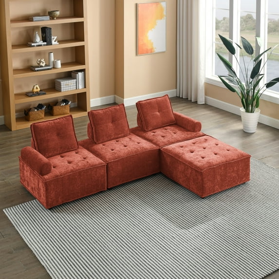 99" Modular Sectional Sofa, Oversized L Shape Sofa with No Leg Design and Back Cushion, Comfy Cloud Couch with Low Seat for Living Room, Free Combination, Red