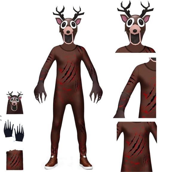 99-Nights in The Forest Bodysuits with Headgear, Bodysuit & Gloves - Scary Deer Monster Outfit for Boys and Girls, Ideal Halloween Gift for Birthday Party Dress Up