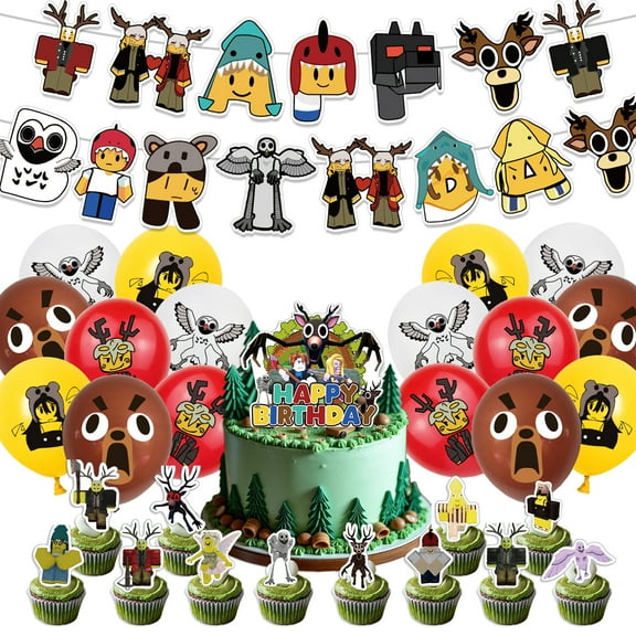 99 Nights in The Forest Birthday Theme Decoration Set Pull Flag Cake Insert Balloons Party Decoration
