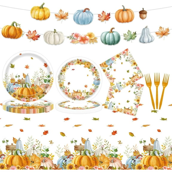 99 Pcs Fall Thanksgiving Plates and Napkins Party Supplies, Autumn Watercolor Pumpkin Leaves Disposable Tableware Set with Banner Tablecloth, Fall Decor Harvest Party Decorations for Table, Serves 24