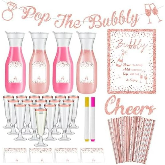 99 Pcs Mimosa Bar Supplies Bridal Shower Decorations 34 oz Plastic Water Carafe with Lids Plastic Champagne Flutes with Straws the Bubbly Banner for Rose Gold Bachelorette Mimosa Party