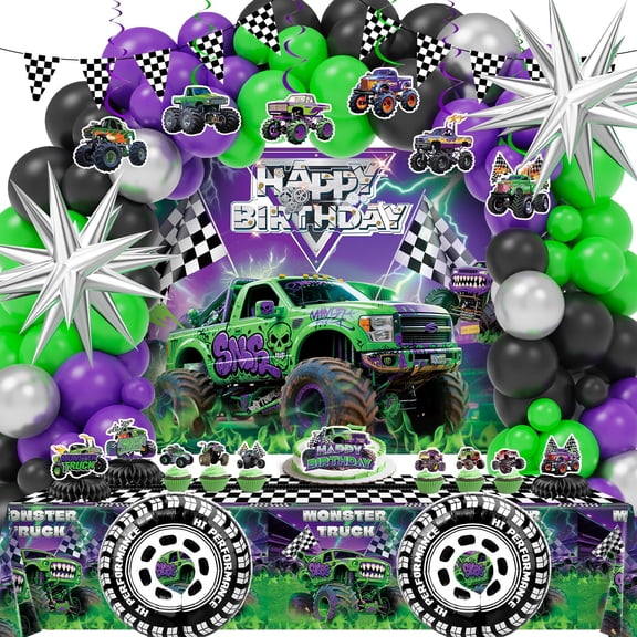 99 Pcs Monster Truck Birthday Party Decorations Set with Purple and Green Black Balloon Garland Arch Kit with Star & Wheels Checkered Balloons, Backdrop, Tablecloth, Grave Digger Party Supplies Y101