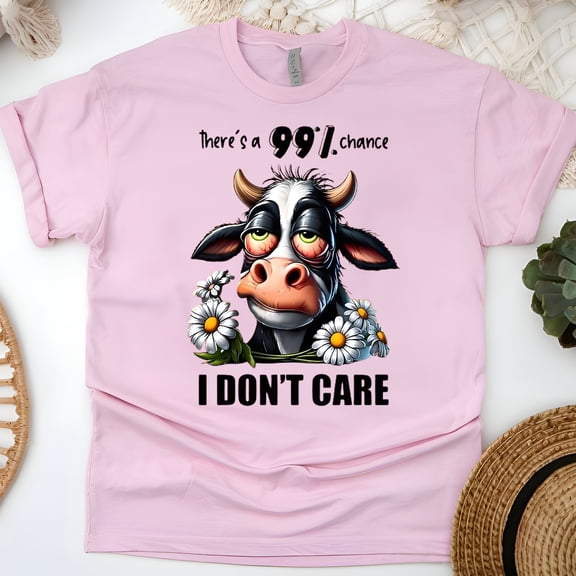 99 Percent Chance I Don’t Care Cow Cartoon Graphic Tee for Men and Women, Light Pink, Size 2XL