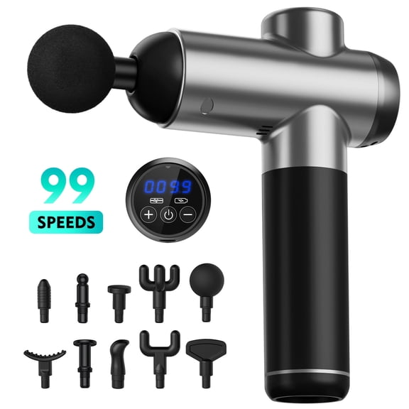 Cshidworld 99 Speed Adjustable Fascial Massage Gun, Handheld, Deep Tissue Massage, Motorized Silent Portable with 10 Customized Massage Heads for Muscle Soreness and StiffnessGray