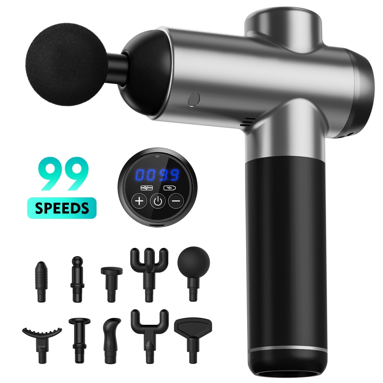 Cshidworld 99 Speed Adjustable Fascial Massage Gun, Handheld, Deep Tissue Massage, Motorized Silent Portable with 10 Customized Massage Heads for Muscle Soreness and Stiffness，Gray