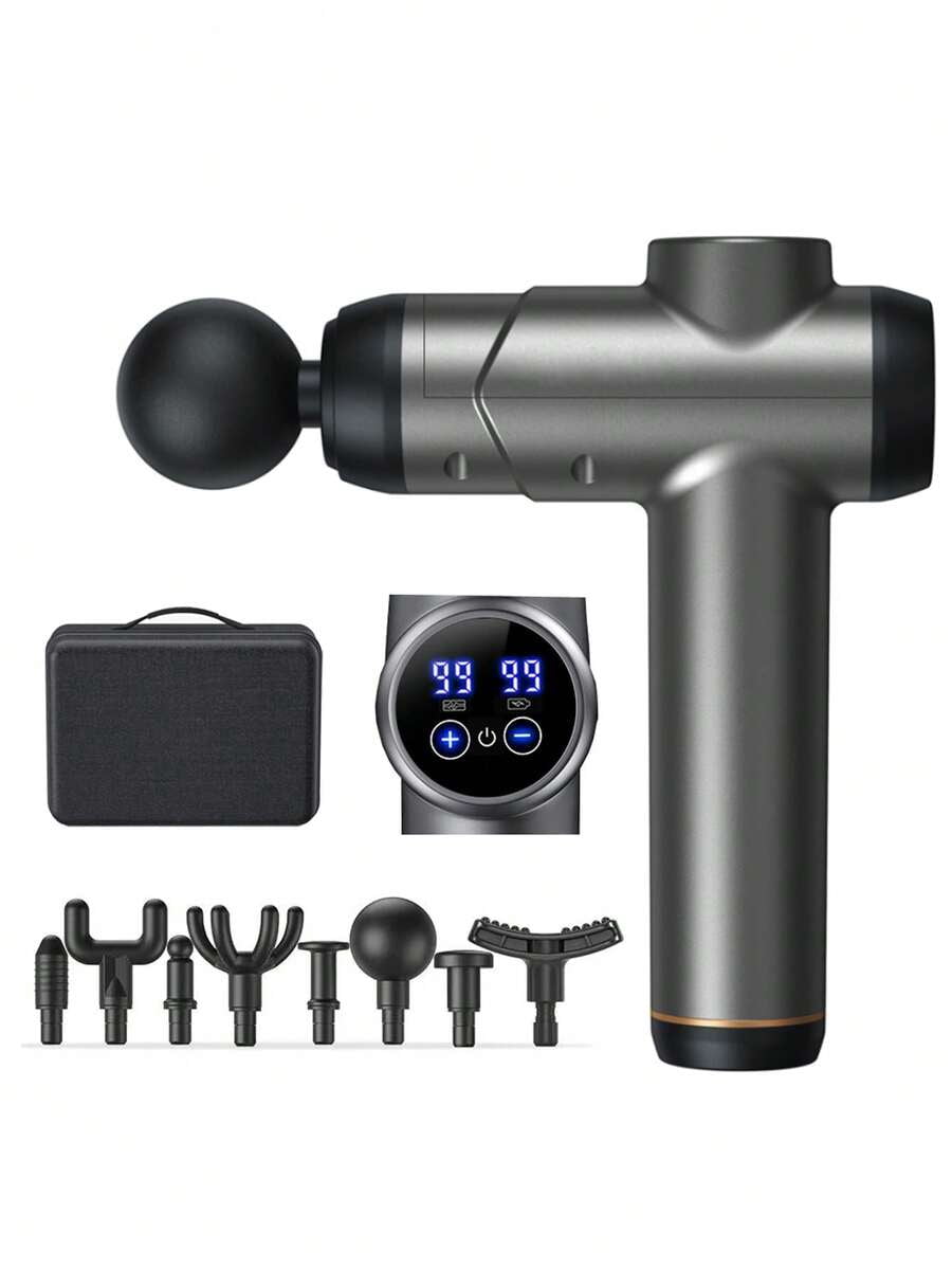 99 Speed Massage Gun Percussion Deep Tissue Massager For Athletes Vibrating 8 Heads Travel Case Muscle Relax Massager LCD Display Cordless USB Charging Silver/Grey