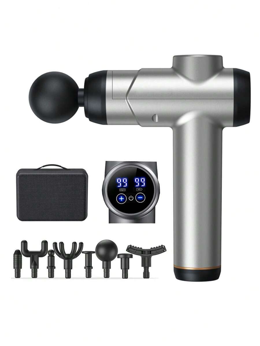 99 Speed Massage Gun Percussion Deep Tissue Massager For Athletes Vibrating 8 Heads Travel Case Muscle Relax Massager LCD Display Cordless USB Charging Silver/Grey