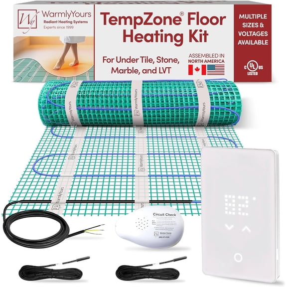 99 Sqft Heated Floor Mat Kit with Radiant Floor Heating System Thermostat UTN5, Two Sensors, Tester, 240V Electric Radiant Floor Heating Mat installs under Bathroom Tile, Vinyl - WarmlyYours TempZone
