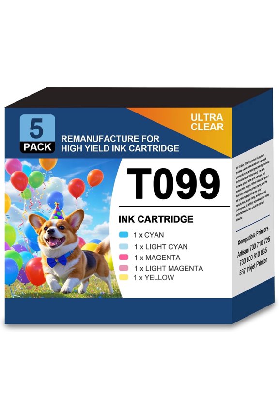 99 T99 T099 Ink Cartridge Combo Pack Compatible for Epson 99 T099 98 T098 Ink Cartridge use with Artisan 700 710 725 730 800 810 835 837 Printer (5 Packs, C/M/Y/LC/LM)