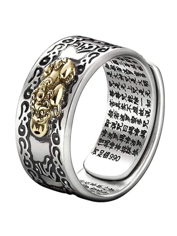 990 Silver Feng Shui PiXiu Adjustable Ring MANI Mantra Protection Wealth Ring