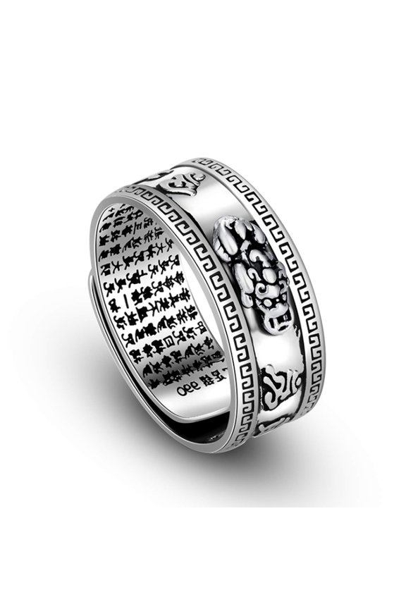 990 Silver Feng Shui PiXiu Adjustable Ring MANI Mantra Protection Wealth Ring