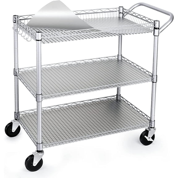 990Lbs Capacity Heavy Duty Rolling Utility Cart, NSF Rolling Carts with Wheels,Commercial Grade Metal Cart with Handle Bar & Shelf Liner,Trolley Serving Cart for Restaurant,Kitchen,Gray