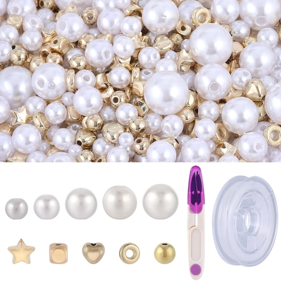 990Pcs Bracelet Making Kit Gold Beads Kits 4mm 6mm 10mm White Goden Round Square Heart Star Plastic Pearl Beads for Jewelry Making Necklaces