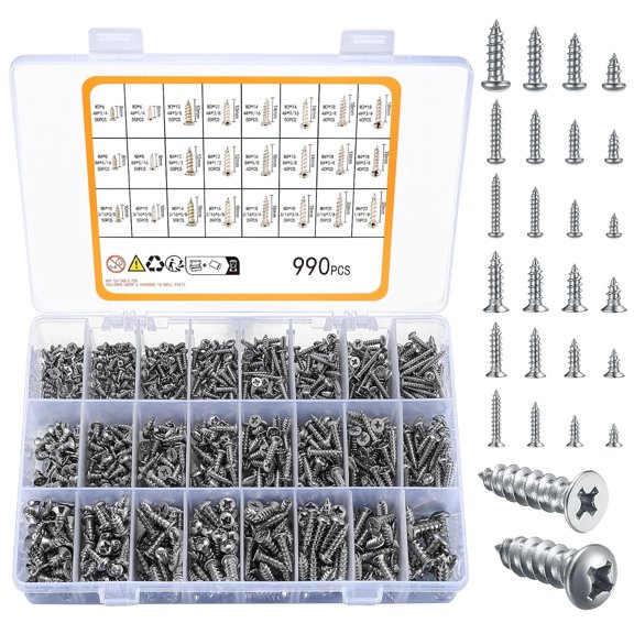 990pcs Self Tapping Screws Assortment Set, M3/M4/M5/M6 Stainless Steel Sheet Metal Screws, Phillips Drive Wood ScrewsSet for Deck Drywall Concrete Screws(500pcs Flat Head, 490pcs Round Hea)