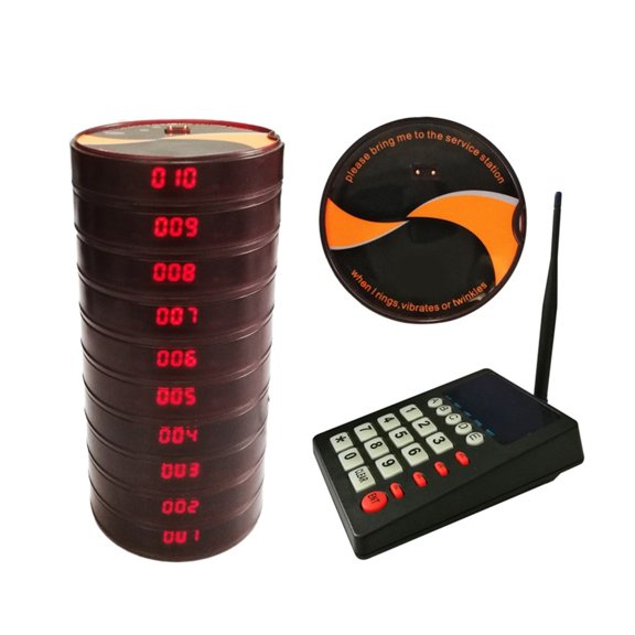 999 Channel Restaurant Pager Wireless Paging Queuing Calling System 1 Transmitter+10 Coaster Pagers Restaurant Equipments