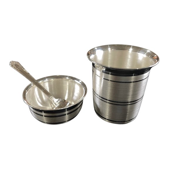 999 Pure Silver Hallmarked Anna Prasanam 75ml Glass, 70ml Bowl & Spoon Set - 2.5-inch Set#03