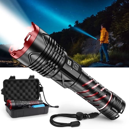 Juyafio Rechargeable Flashlight, 200000 Lumens with Type-C Fast Charging & 16-Hour Runtime, 5 Modes, Telescopic Zoom, Waterproof, Compact Handheld Flashlight for Camping, Hiking, Hurricane Prep(Red)